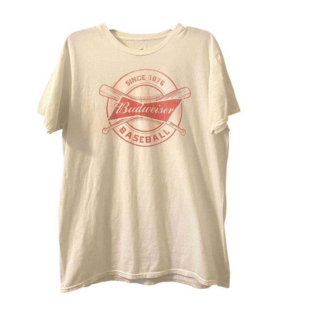 Hanes Budweiser Baseball Shirt Men's Size L White Short Sleeve Crewneck